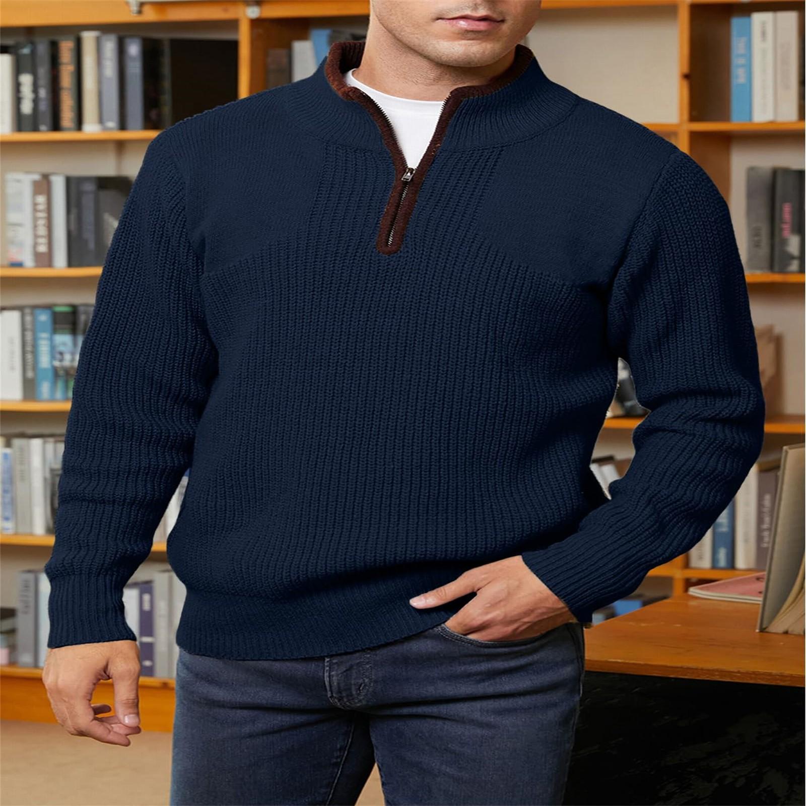 

Осенне-зимний мужской свитер с полумолнией и воротником-стойкой, однотонная рубашка с длинными рукавами в деловом повседневном стиле, теплый свитер S тёмно-синий