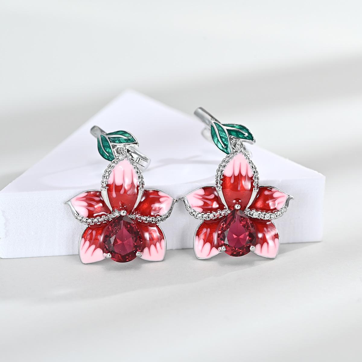 Women Jewelry Set Pink Drop Resin Ruby Enamel Pendant Earrings Ring Necklace Pear Shaped Dangle