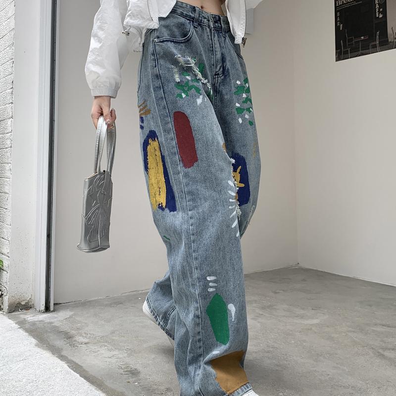 Fashion Colorful Doodle Ripped Jeans Women High Waisted Slim Straight Leg Wide Leg Pants Women Vintage Blue Casual Denim Trousers Lady 24247
