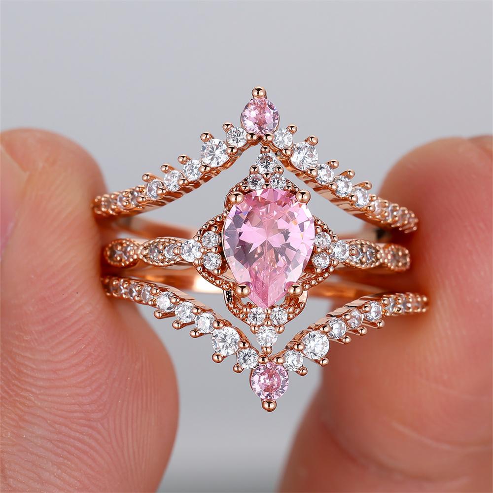 s Pink Zircon Water Drop Stone Rings Sets For Women Vintage Gold Color Engagement Bands Wedding Jewelry Set Versatile Gifts