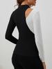 Color Block Patchwork Stand Collar T Shirt Slim Flattering Long Sleeve Top Women Commute Patch Design Fashion Casual Slim Fit Ladies Elegant Top