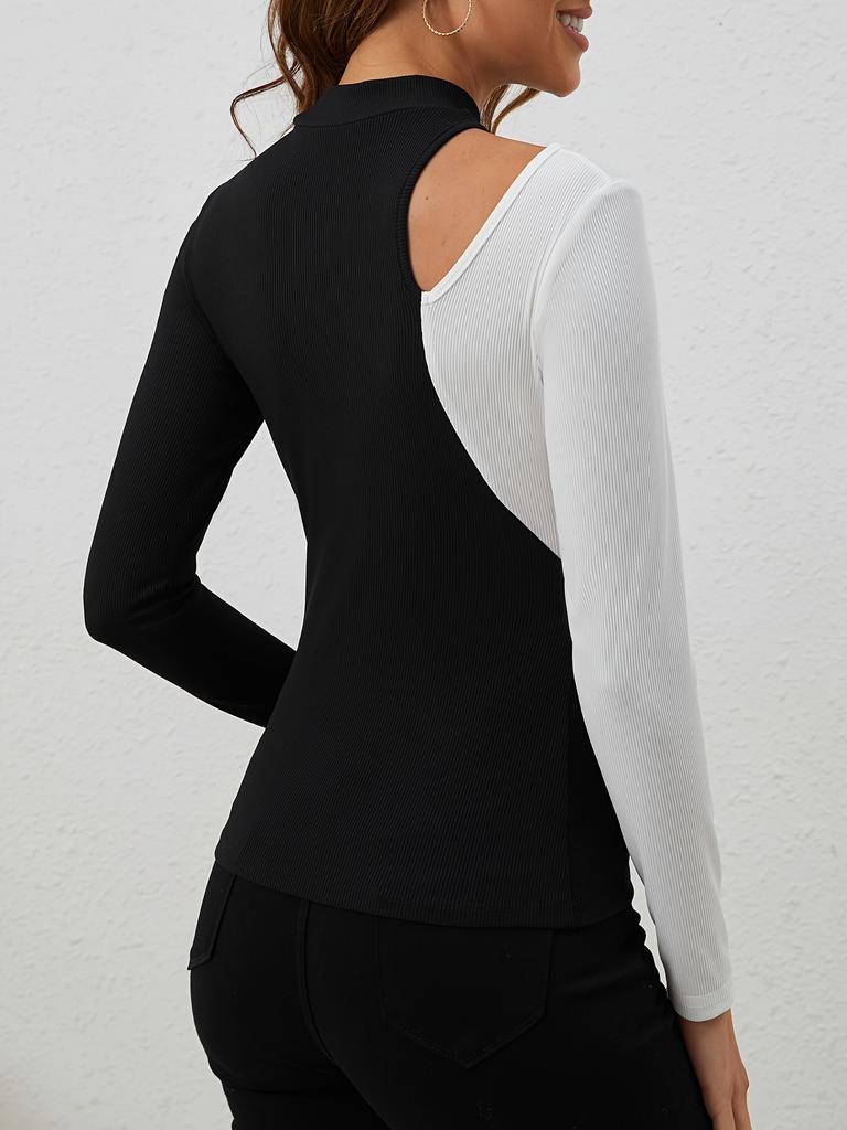Color Block Patchwork Stand Collar T Shirt Slim Flattering Long Sleeve Top Women Commute Patch Design Fashion Casual Slim Fit Ladies Elegant Top