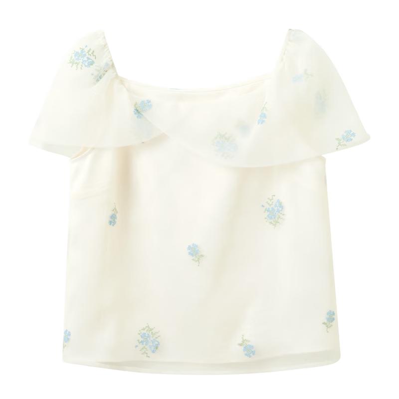 Sancai Embroidered Bubble Gauze Square Neck Blouse M