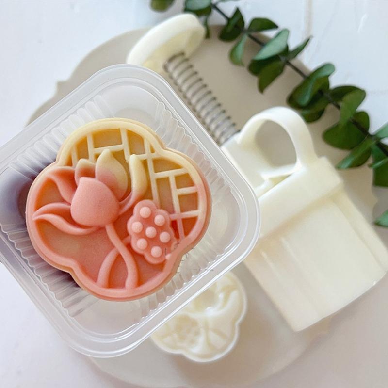 Ergonomic Handle Stamp Set Durable Mooncake Molds Lotusflower Shaped ABS Material Perfect Gift for Pastry Enthusiasts