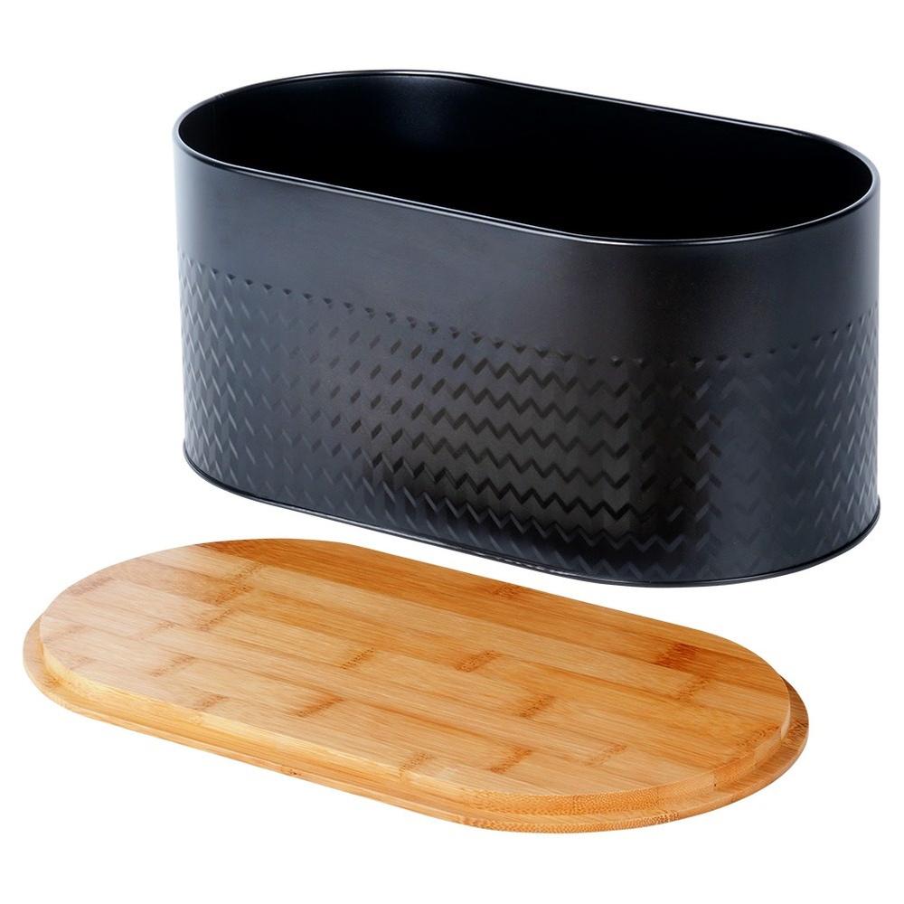 Steel bread bin with wooden board, black, 34x18.5x15.5 cm