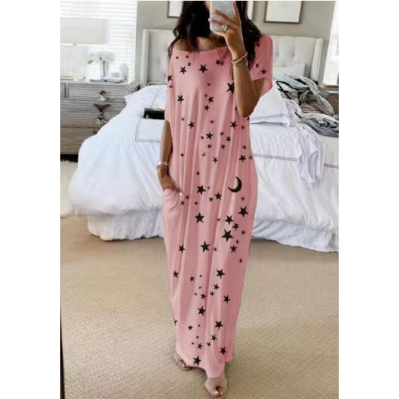 European beautiful women's 2026 summer comfortable printed long dress casual short sleeve round neck knitted dress with pocket