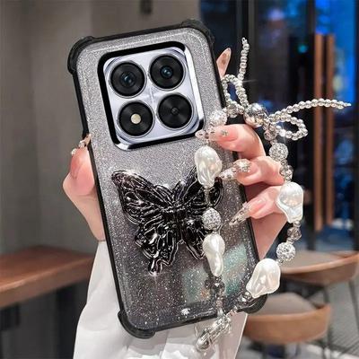 Pearl Bracelet Butterfly Stand Phone Case For Xiaomi Redmi Note 14 Pro 13 14 Pro Plus 14S 4G 5G Glitter Shockproof Silicon Cover