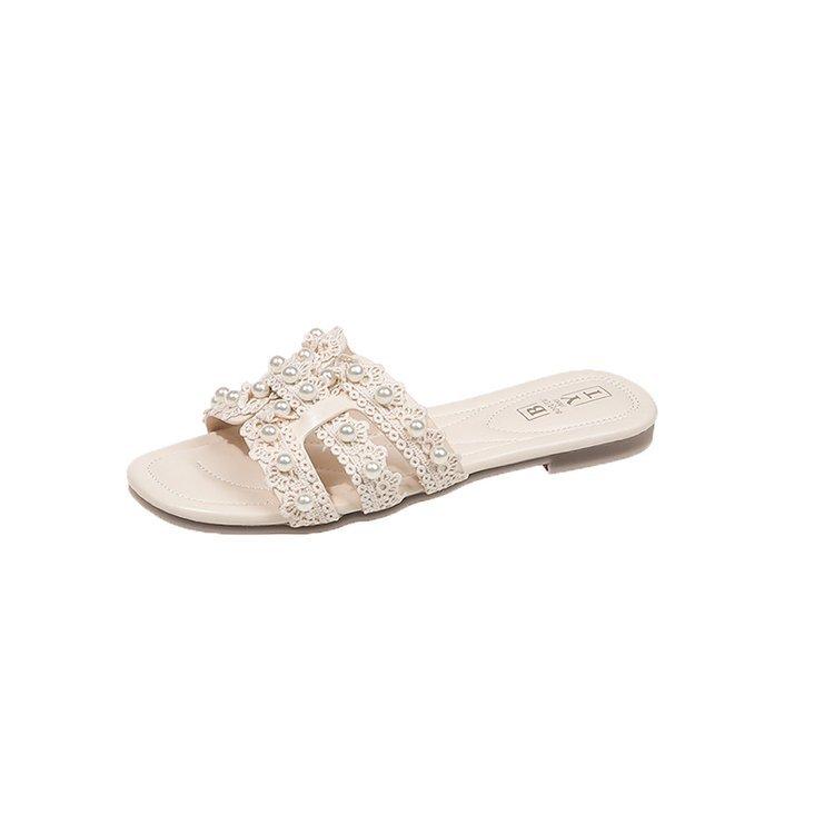 Internet celebrity small fragrant wind pearl slippers women's summer new wear flat beach one word sandals fashion with skirt