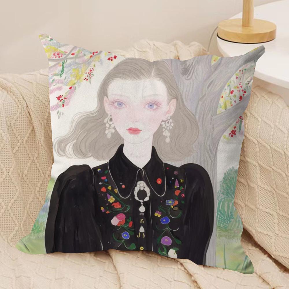 Fashion Illustration Cushion Cover Soft Plush Fabric Double-Sided Printed Sofa Cushion Cover for All Seasons Home Decor Gift
