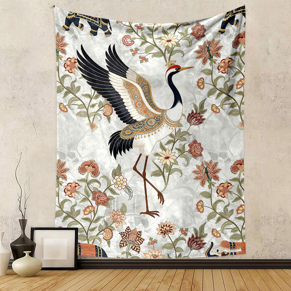 Graceful Crane with Floral and Elephant Motifs Patterned tapestry home decor, suitable for bedroom and living room, gift