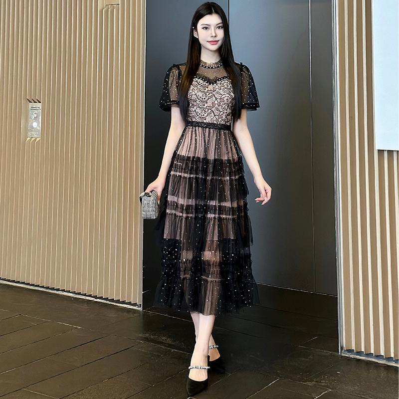 Runway Summer Holiday Sundress Black Lace Tulle Wedding Prom Sequins Dress Women Short Sleeve Flower Embroidery Dresses