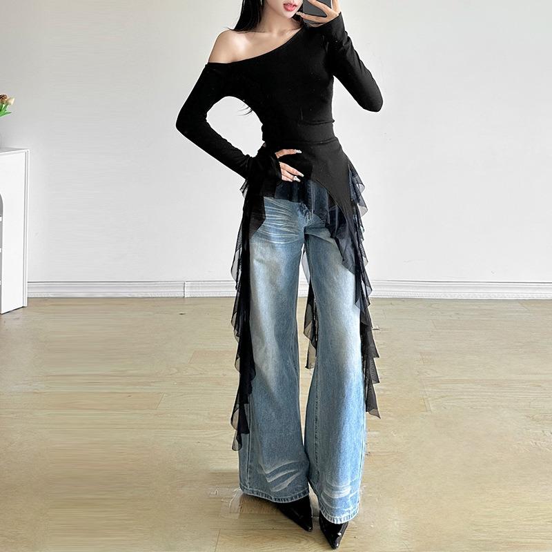 Off Shoulder Ruffles Tassel Long Sleeve T Shirt Women Sweet Streetwear Sweet Blouse Gentle Party Basic Top Slim Fit Black Tees Shirt Sexy New Shirt