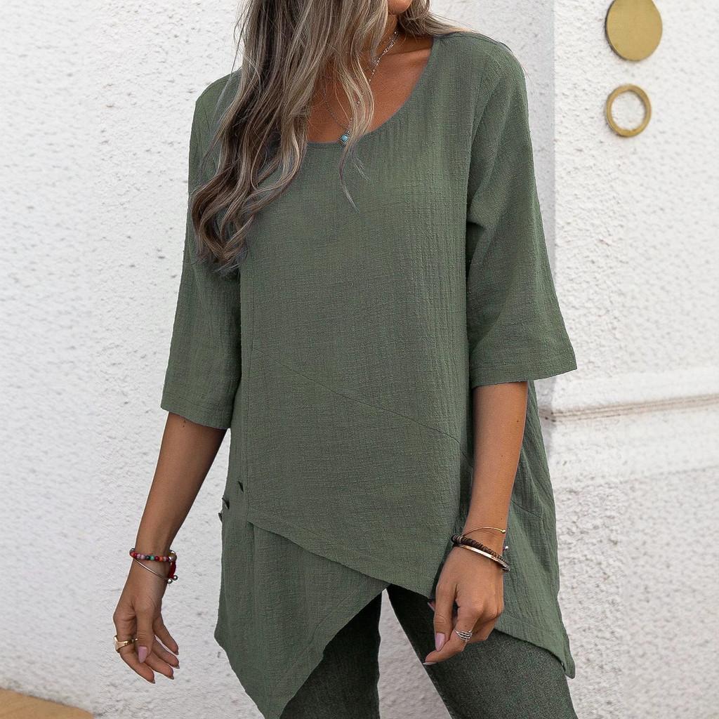 Camicia in Cotone e Lino Stile Bohémien Vestibilità Larga con Design Irregolare per Abbigliamento Casual Primaverile