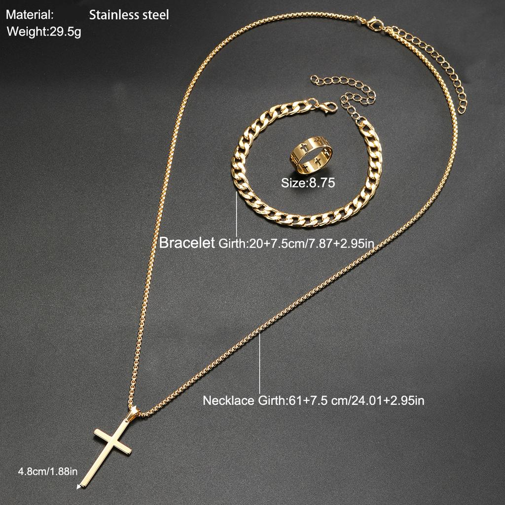 3 Pcs Men's Stainless Steel Jewelry Sets Gothic Hip Hop Style With Cross Pendant Necklace Ring Bracelet Set Fashion Simple Gifts