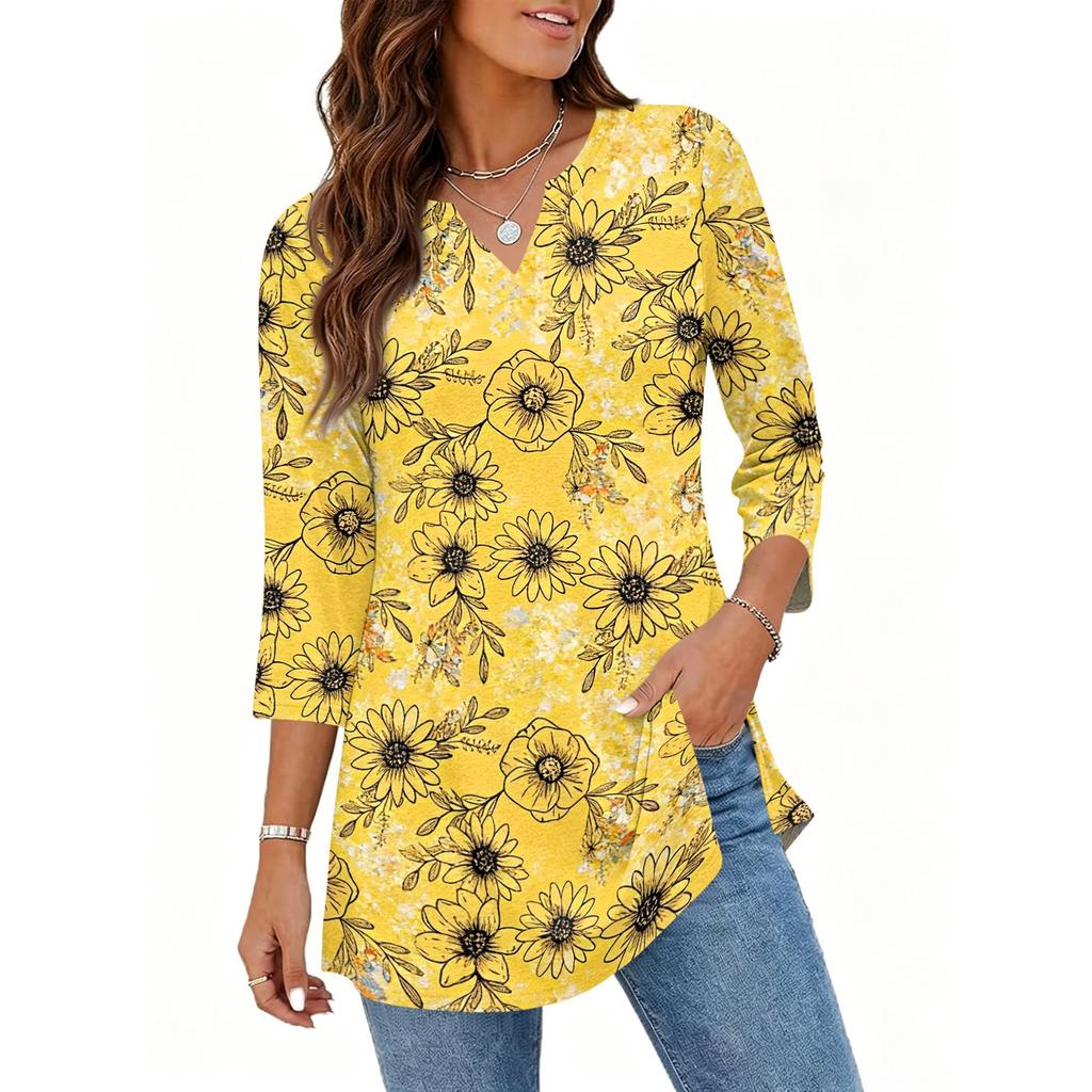 Womens Casual V Neck 34 Sleeve Pullover Tunic Top Floral Print Loose Fit Mid Length Blouse for Daily Wear