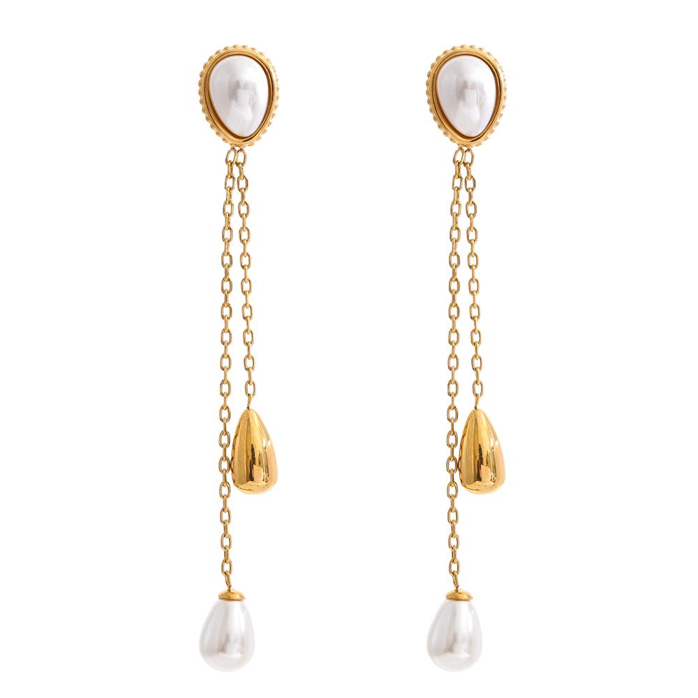 Yhpup Korean Simulated Pearls Water Drop Long Chain Hanging Drop Earrings Temperament Fashion Chic Ear Jewelry Gift Waterproof