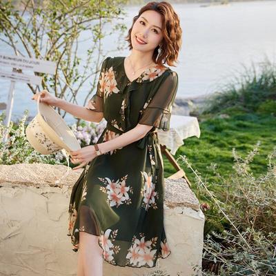 Paster Summer Floral Chiffon A-Line Ruffle Sleeve Dress