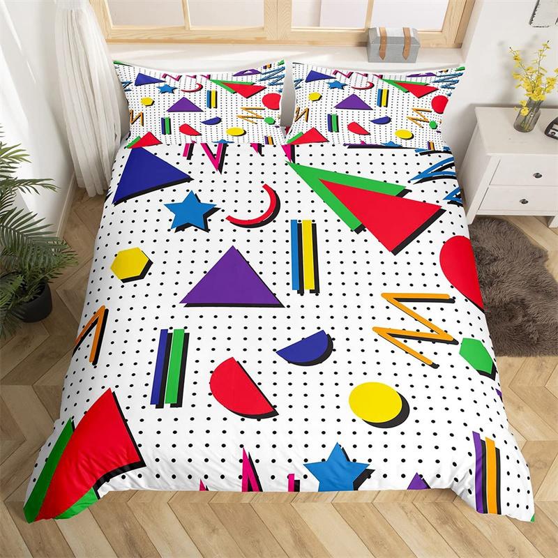 Retro 80s Style Beding Set Twin King-Sized Dimensionsd Dimensions Abstract Geometric Patern Soft Duvet Cover Set Microfiber Circle Plus Triangle