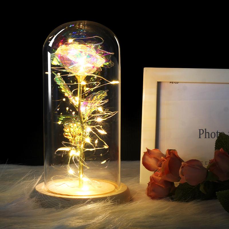 The Gold-plated Red Rose with LED Light In Glass Dome for Wedding Party Mother's Day Gift
