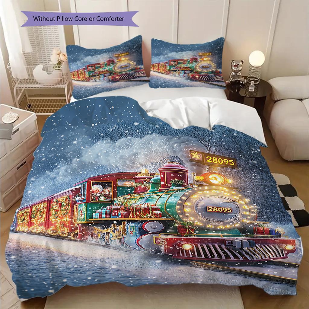 Train Pattern Bedding Quilt Set Quilt Cover Pillowcase Home Decoration Birthday Gift (1 * duvet cover + 2 * pillowcase, without core)