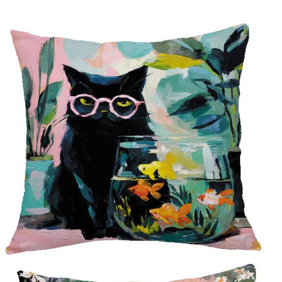 1/4pcs 45x45cm Cute Black Cat Fish Bowl Oil Painting Style Throw Pillow Covers Cushion cover
