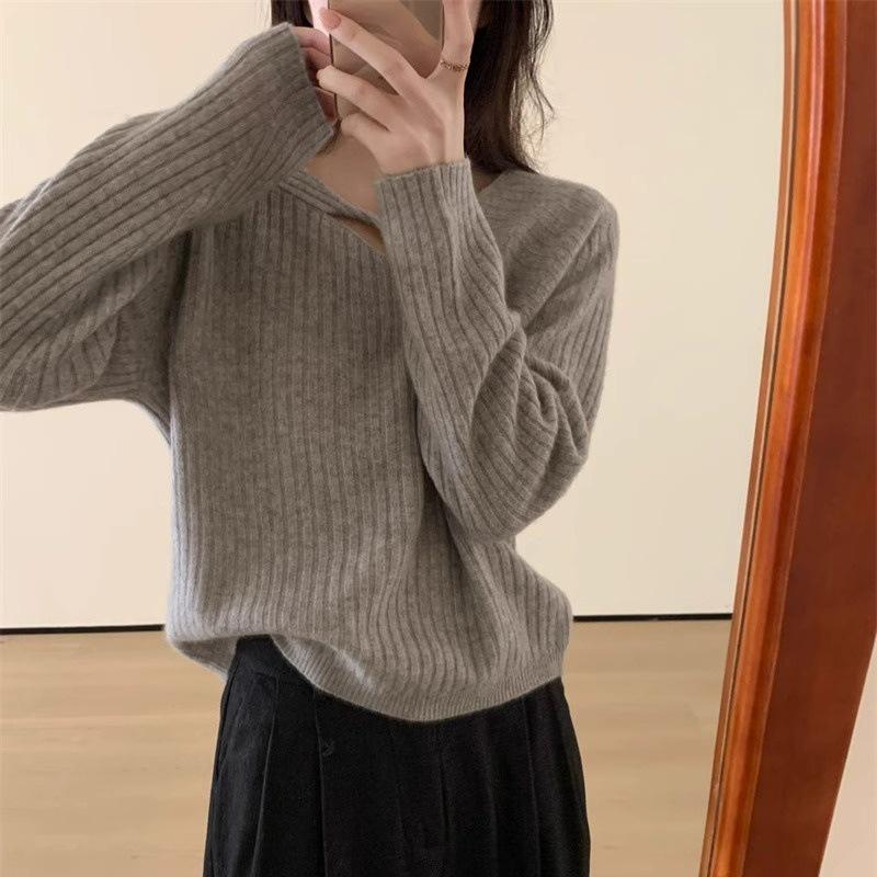 Women's Korean Style Striped Wool Sweater - Round Neck Irregular Knitwear, Soft Cashmere Base Layer for Autumn/Winter