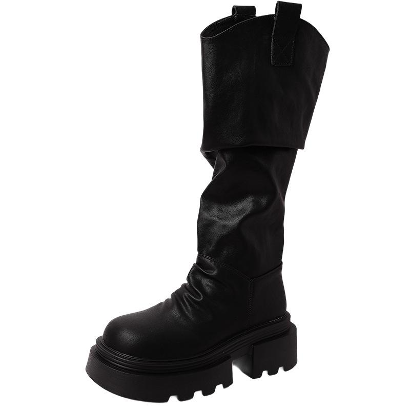 Fashion retro British style thick heel platform boots women's 2025 autumn and winter new Maillard skirt knight boots
