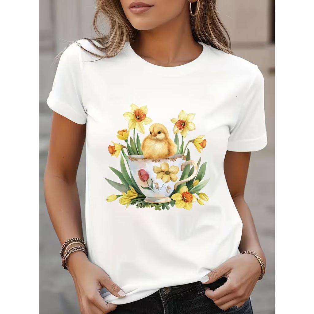 Women's Casual Short-Sleeve T-Shirt with Easter Print, Round Neck, for S and Daily Wear