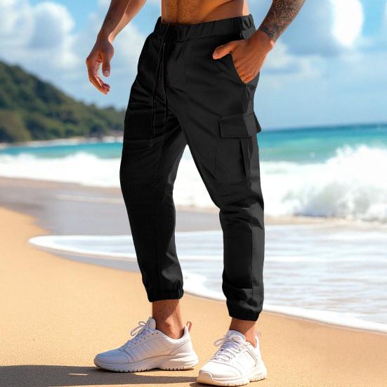 Men Cargo Pants Drawstring Waist Jogger Pants Tapered Casual Trousers with Multi Pockets for Gym Workout Hiking Street Wear