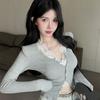 Cotton pit strip + lace, French pure desire style Spice Girl V-neck long-sleeved cardigan with lace stacked inside two-piece set
