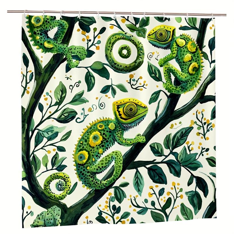 Green Chameleon Shower Curtain - White Background Foliage Pattern Durable Polyester Hand Wash Summer Home & Bathroom Decor