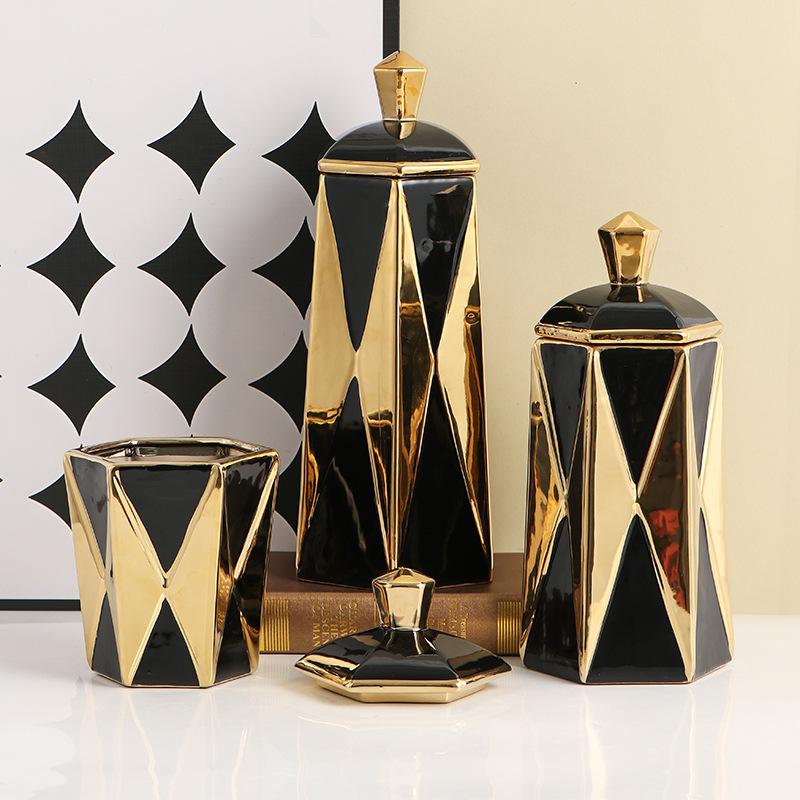 Geometric diamond shaped ceramic jar Black vase Jewelry storage jar Creative interior decorations Home decoration crafts