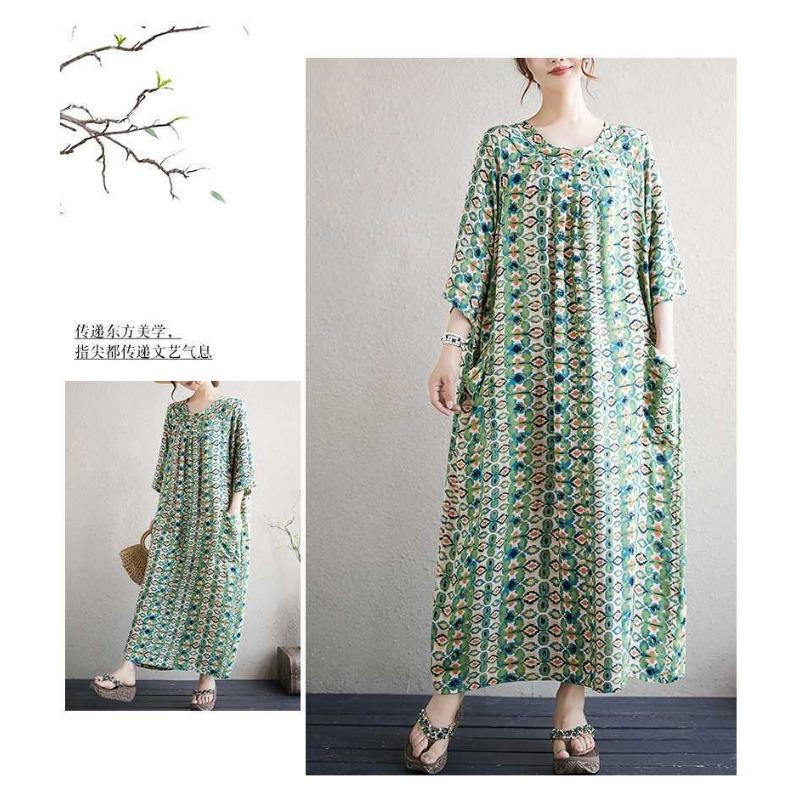 Literary Large Size Printing Women Loose Ethnic Style Dresses