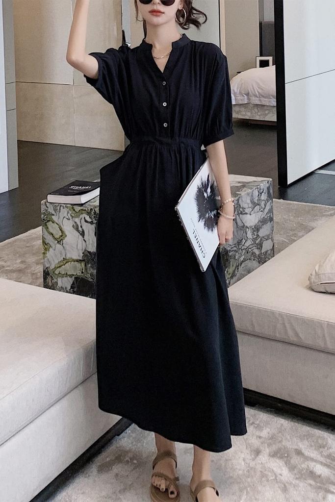 Chubikime Summer Long Short Loose Casual Women's Dress, Sleeve, V-Neck, Midi, A-Line, Black, Slimming, Fit, Formal, Commuting,