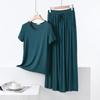 Color Block Cotton Crew Neck Two-Piece Set: Short Sleeve Top & Wide Leg Drawstring Pants