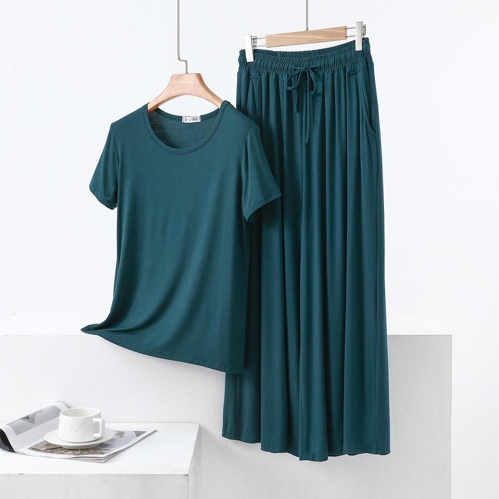 Color Block Cotton Crew Neck Two-Piece Set: Short Sleeve Top & Wide Leg Drawstring Pants