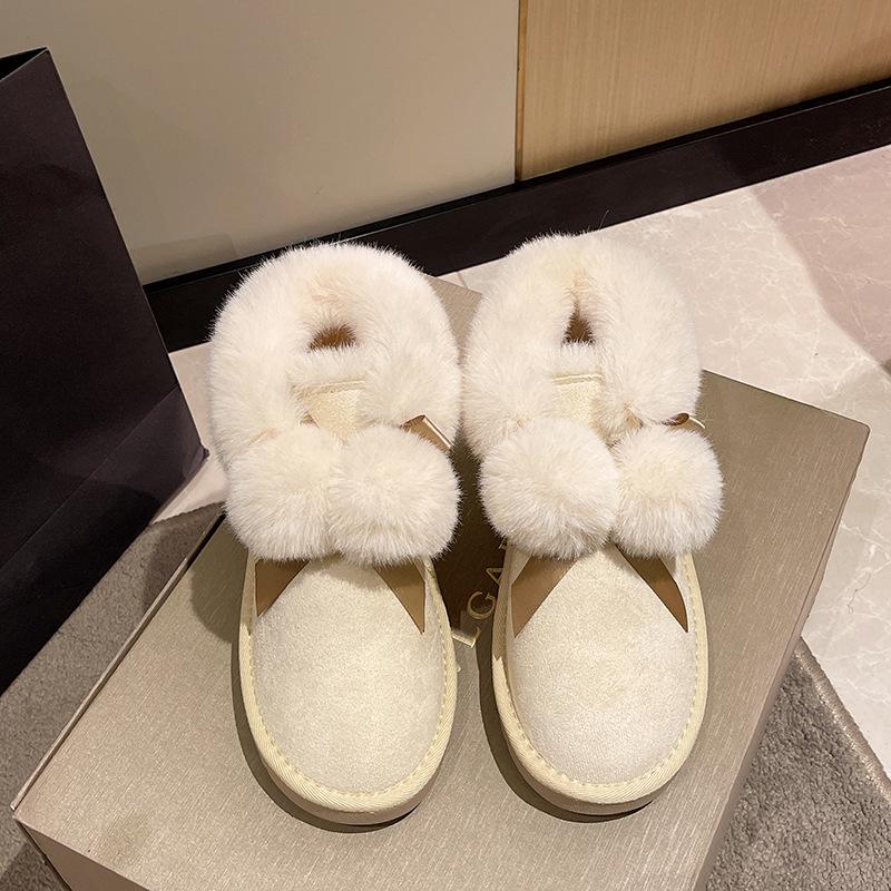 Women's Cute Fur Ball Fashion Lightweight Heightening Thick Sole Winter Warm Fur One Snow Boots Plush Lining Non-slip Casual Sports Cotton Boots
