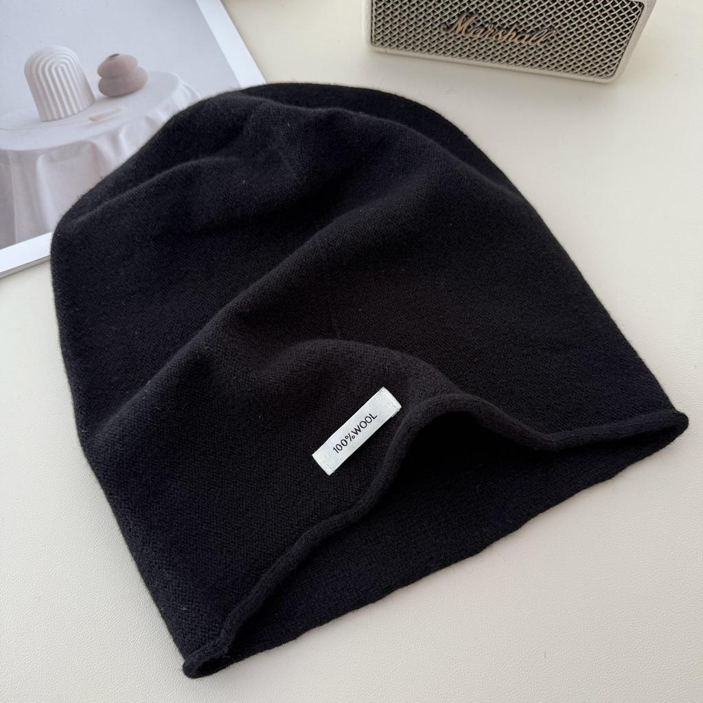 Pure Wool Pile Cap A Versatile Solid Color Knitted Cap for Women A Warm and Ear Protecting Postpartum Cap