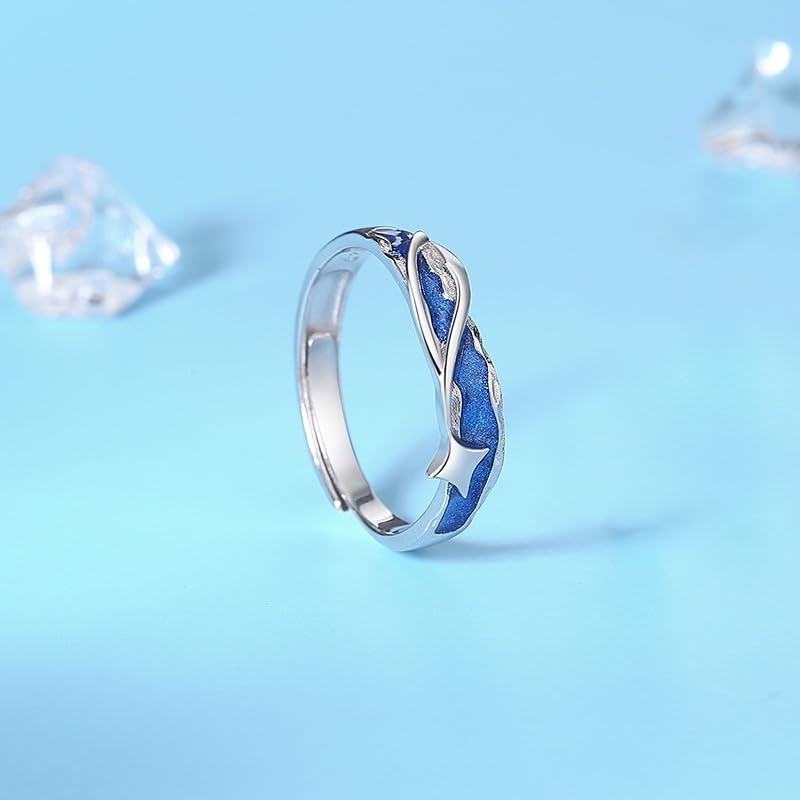 Pairing Couple Ring Comet Starry Sky Design 925 Sterling Silver Enamel Adjustable Matching Gift Box Included [Rockyu] &