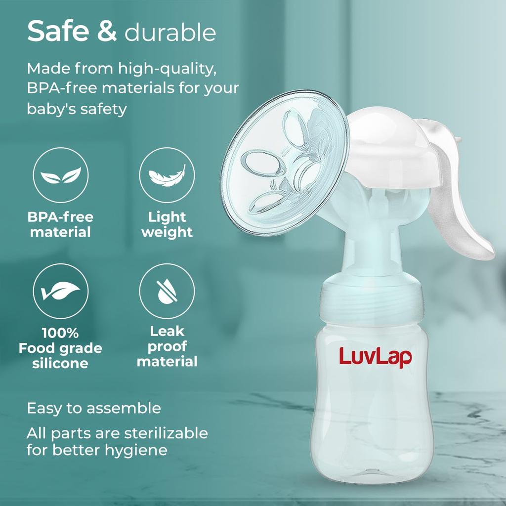 LuvLap Comfy Manuelle Milchpumpe mit 3 Saugstufen, Ergonomischem Griff, Weichem Silikon-Massagekissen und Kostenlosen Stilleinlagen