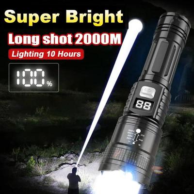 Leistungsstarke LED-Taschenlampe mit Batterieanzeige, wiederaufladbare USB-Lampe, zoombare Taschenlampen, Outdoor-Campinglampe, wasserdichte Taschenlampe, Angellampe