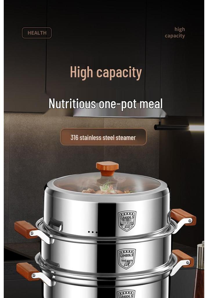 316L Stainless Steel Steamer Pot with Rivet-Free Lid & Extra-Thick Beech Wood Anti-Scalding Double Layer Steaming Basket