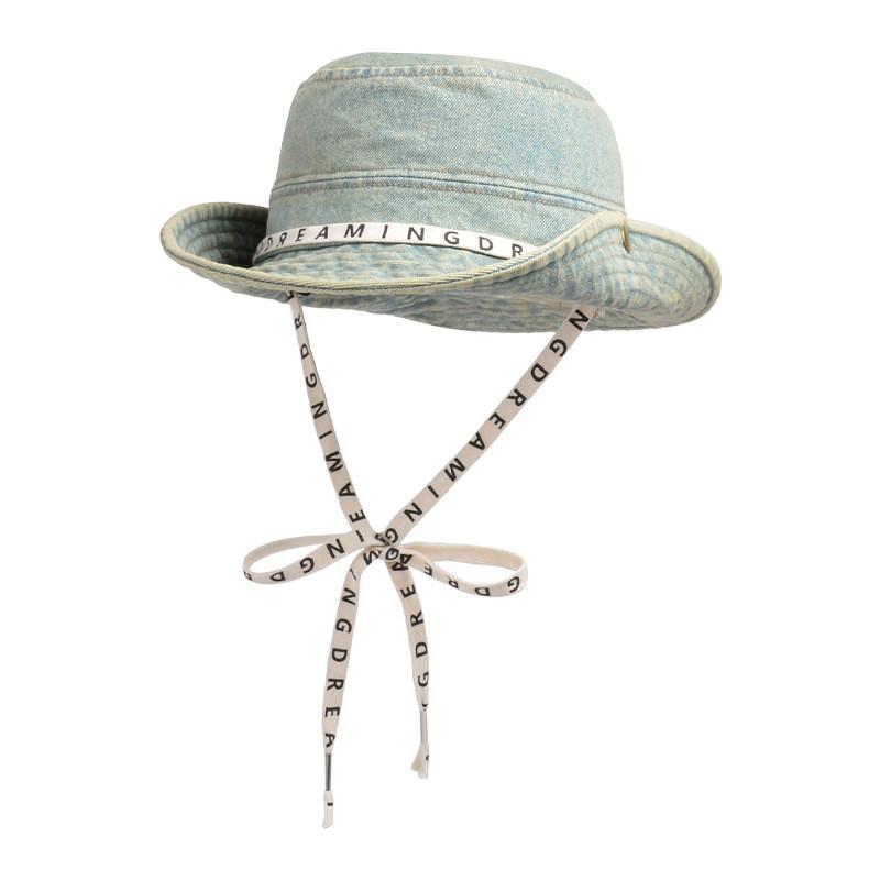 Summer Fashion Letter Strap Wide Brim Denim Fisherman Hat With Sun Protection For Women