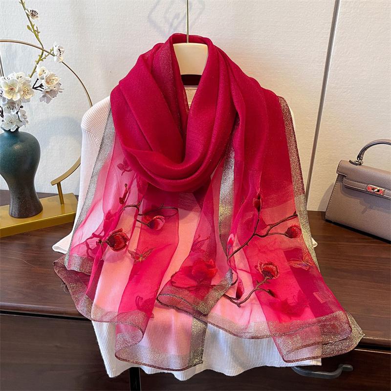 New Luxury Embroidered Silk Feeling Scarf For Women'S Silk Gold Border Scarf Elegant Decoration Embroidered Shawl For Lady