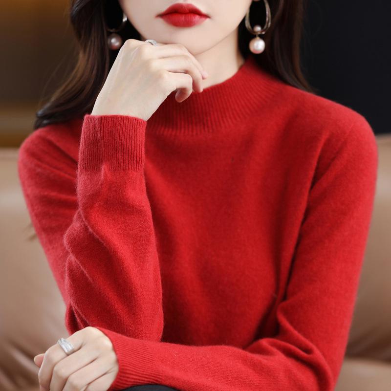 Women's Pure Wool Ribbed Sweater - Autumn/Winter Loose Fit Semi-High Neck Pullover