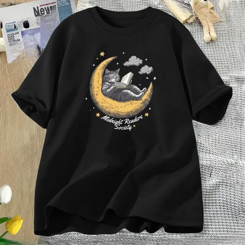 Midnight Readers Society Cat T Shirt Comfort Book Lovers Tshirt Cute Literary Tee Bookish TeeShirt Casual Short Sleeve S