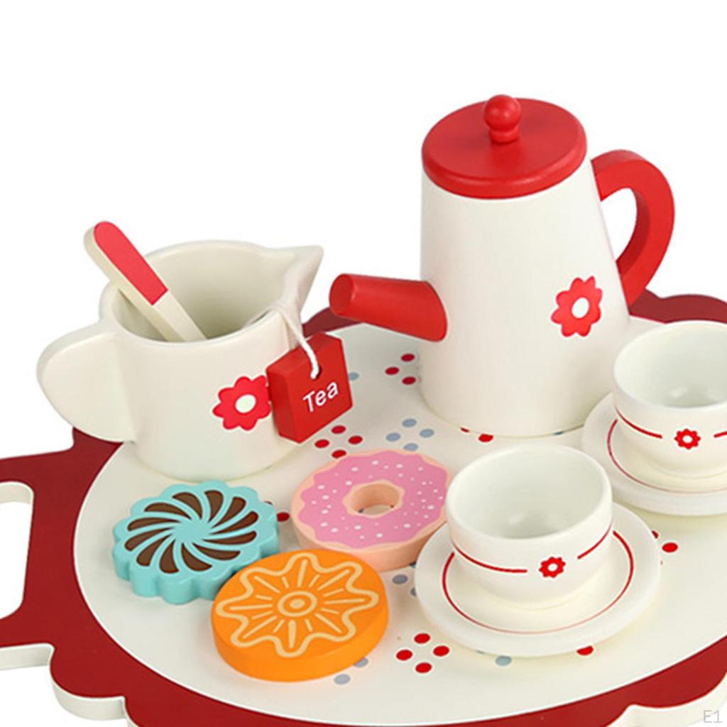 Wooden Cake Stand and Cakes Toy Kitchen Playset with Accessories Tea Set