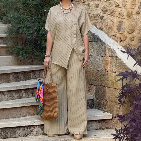 Women's Striped Short Sleeve 2 Piece Outfits Summer Crew Neck Top And Long Pants Matching Lounge Sets with Pockets