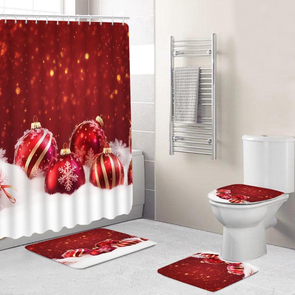 Christmas Toilet Cover Shower Curtain Floor Mat Set Santa Carpet Door Mat Foot Mat Non-Slip Mat