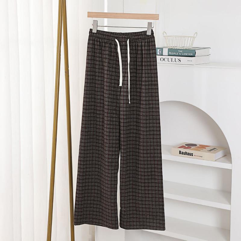 Retro style jacquard plaid pants fashionable and simple drawstring elastic waist casual pants women's versatile high waist drape straight pants